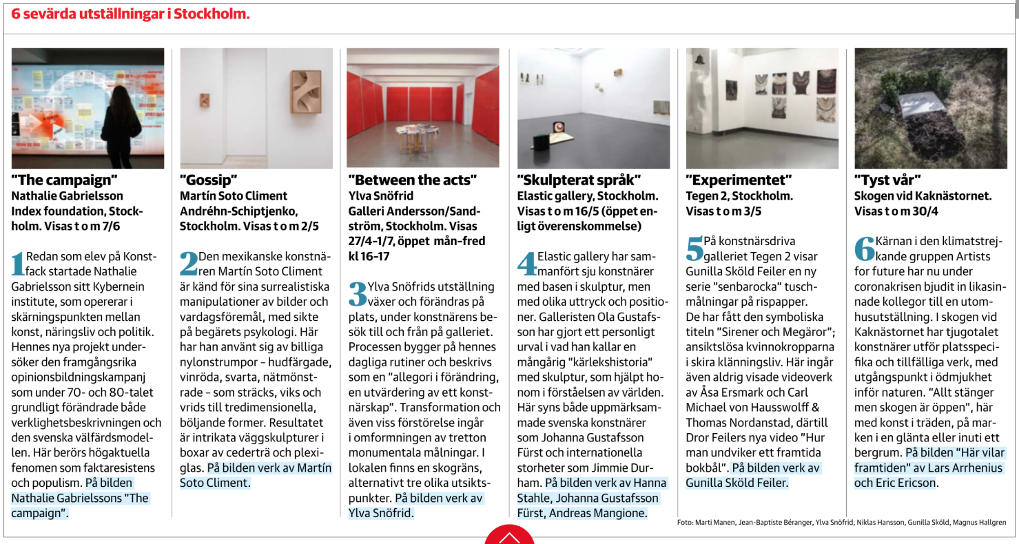 Nathalie Gabrielsson's The Campaign: featured in Dagens nyheters' exhibitions to see in Stockholm